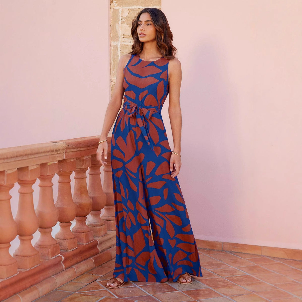 Damen lässiges Maxikleid mit floralem Print und elastischem Taillengürtel Sovae