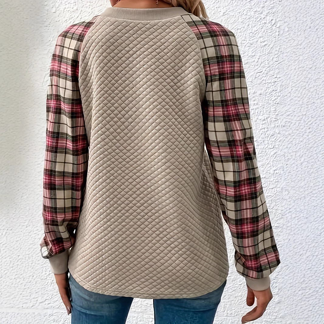 Damen Sweatshirt mit quadratischem Steppmuster und karierten Ärmeln Sovae