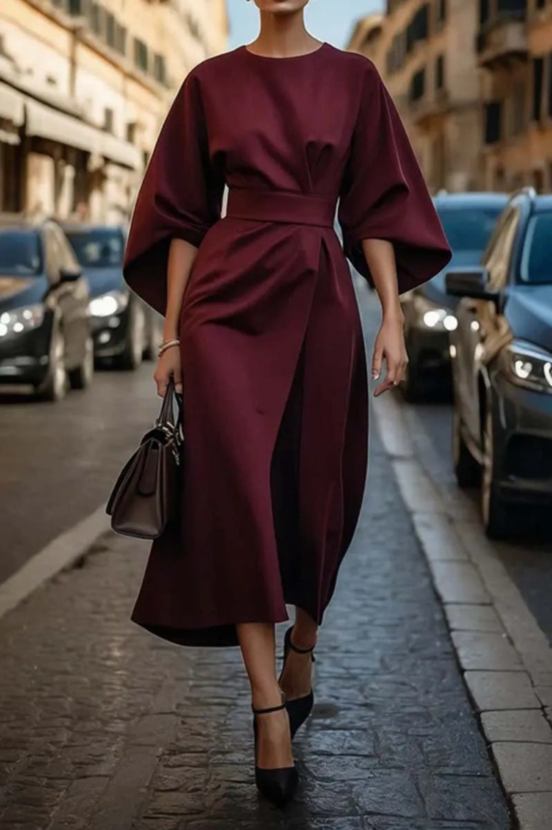 Damen Maxikleid mit eleganten Puffärmeln und Taillengürtel Sovae