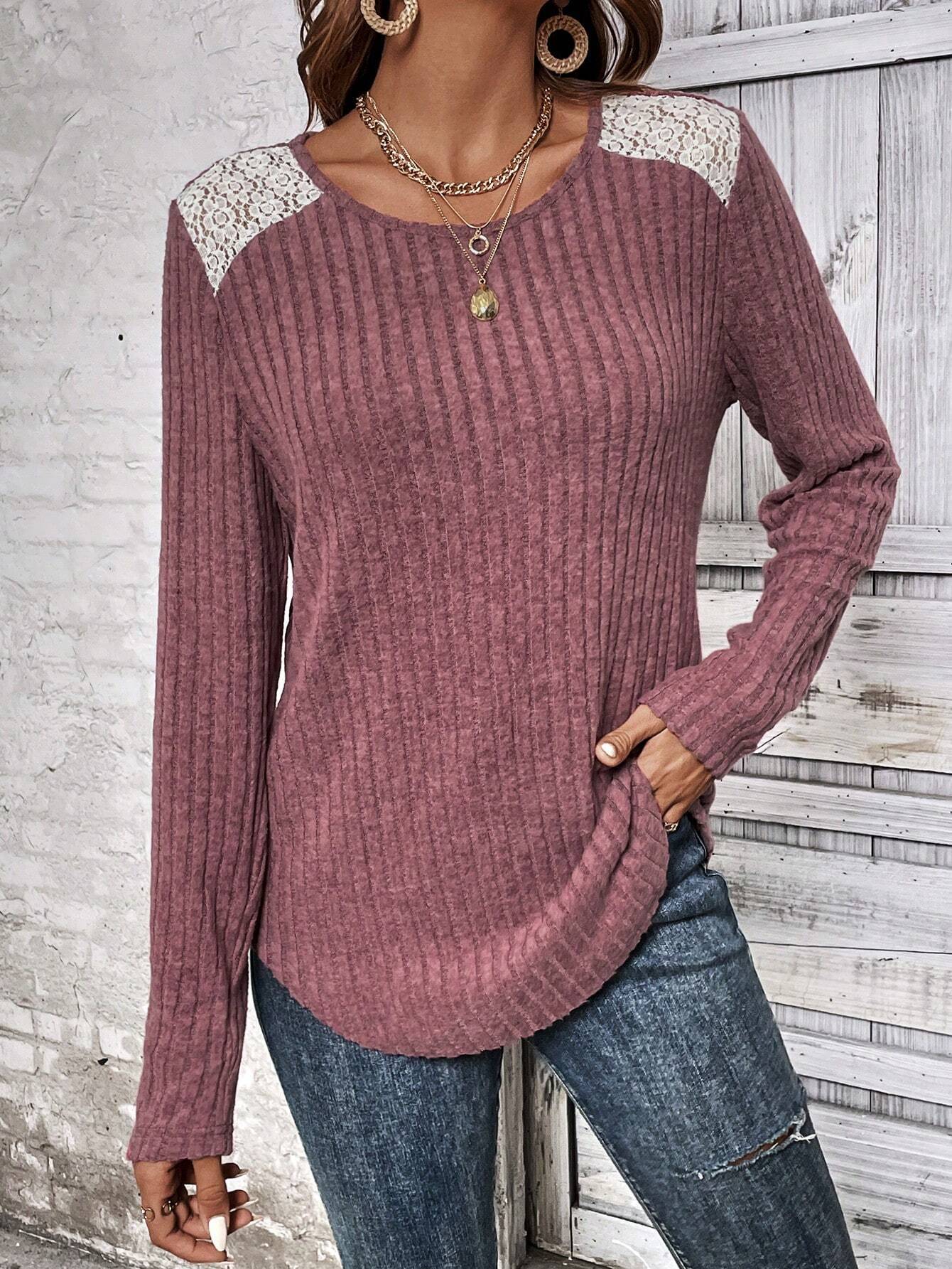 Damen lässiger Strickpullover mit romantischen Spitzendetails Sovae