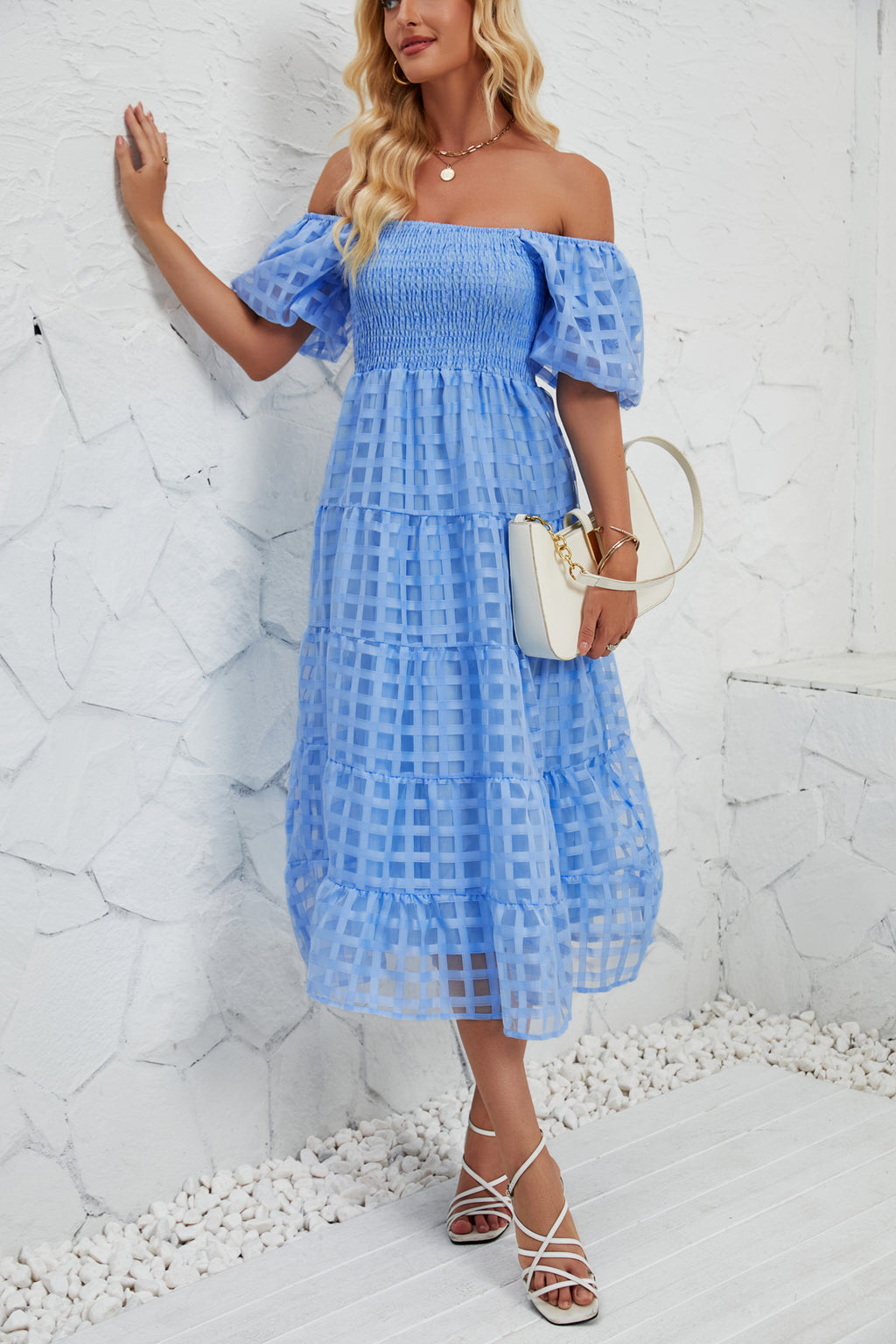 Damen luftiges Maxikleid mit gerafften Puffärmeln und Karomuster Sovae