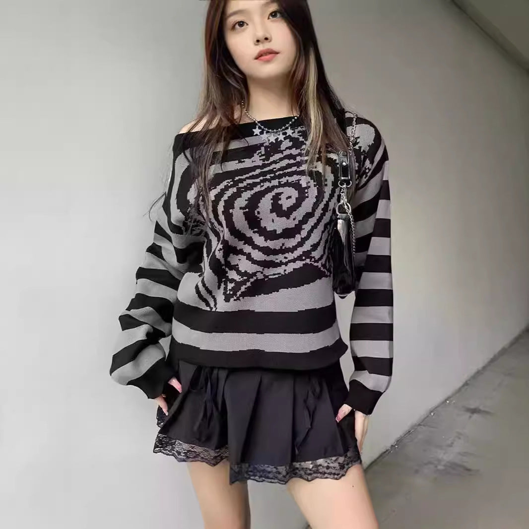 Damen Modischer Oversized-Pullover mit kreativem Spiral-Design und gestreiftem Muster Sovae