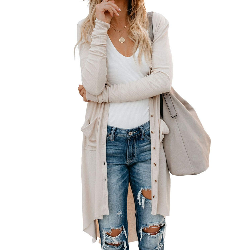 Damen Langer Strickcardigan mit Knopfverschluss und praktischen Taschen Sovae