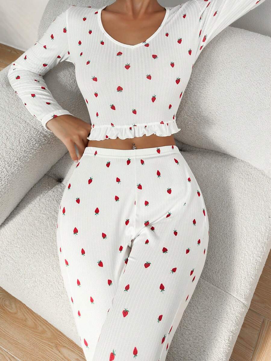 Damen Loungewear Set mit fröhlichem Erdbeerprint Sovae