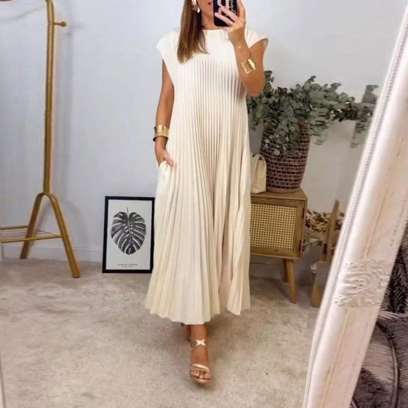 Damen Plissee Maxikleid mit praktischem Taschen und elegantem Schnitt Sovae