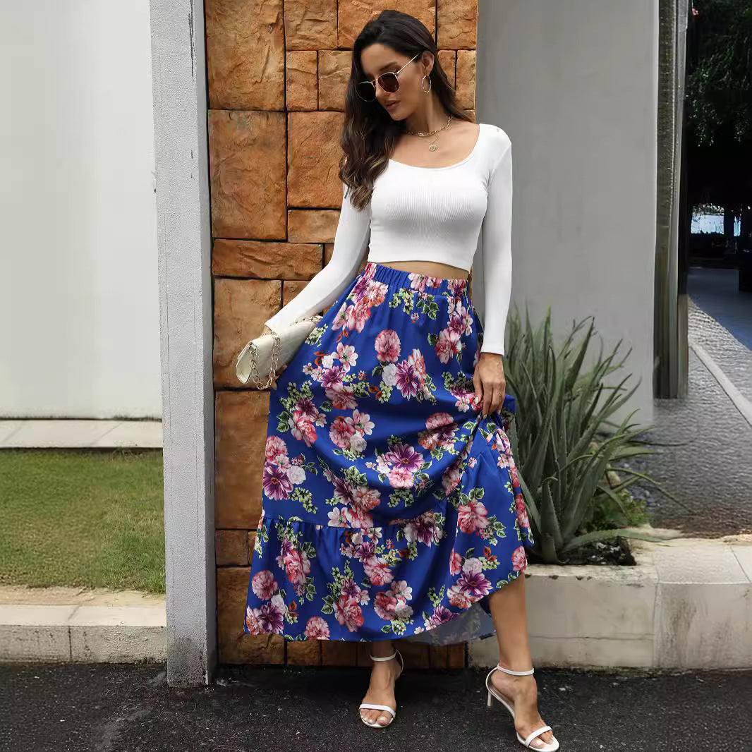 Damen Maxirock mit voluminösem Schnitt und buntem Blumendesign Sovae
