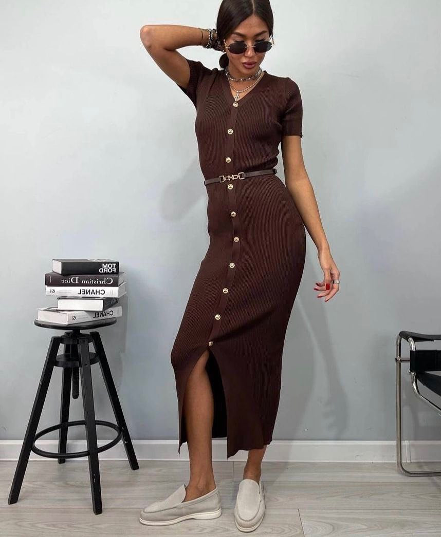 Damen Midi-Kleid mit strukturiertem Rippdesign und Knopfleiste Sovae