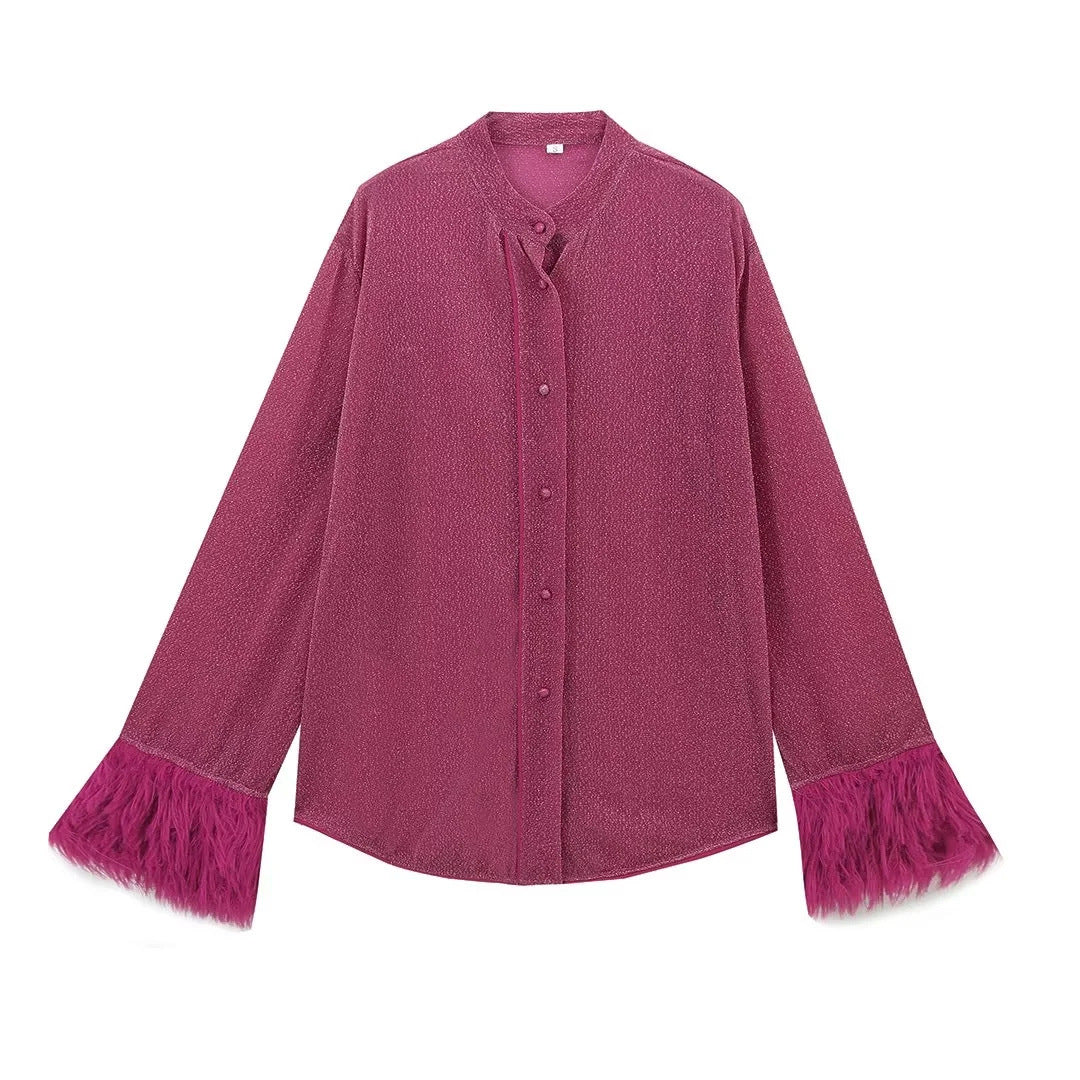 Damen Bluse mit eleganten Trompetenärmeln und luxuriösen Fransen Sovae