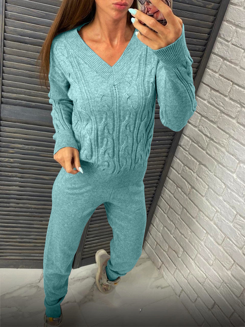 Damen gemütlicher Strickanzug mit V-Ausschnitt und Zopfdesign Sovae