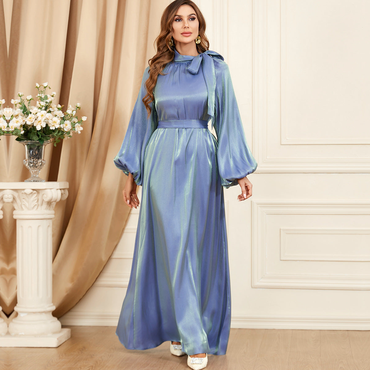 Damen Elegantes, langes Satin-Maxikleid mit Volantärmeln Sovae