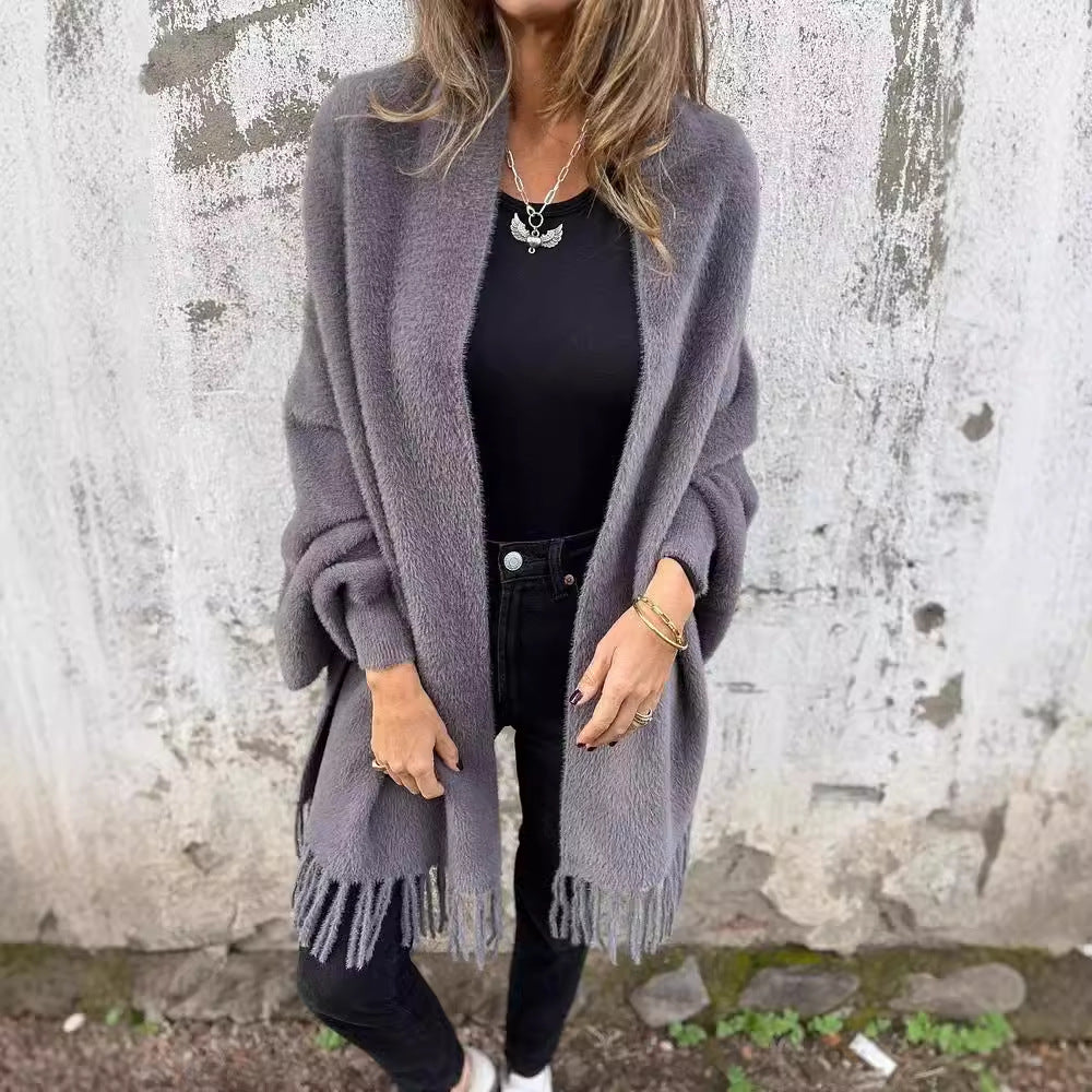 Damen Kuschelige Strickjacke mit Fransen Sovae