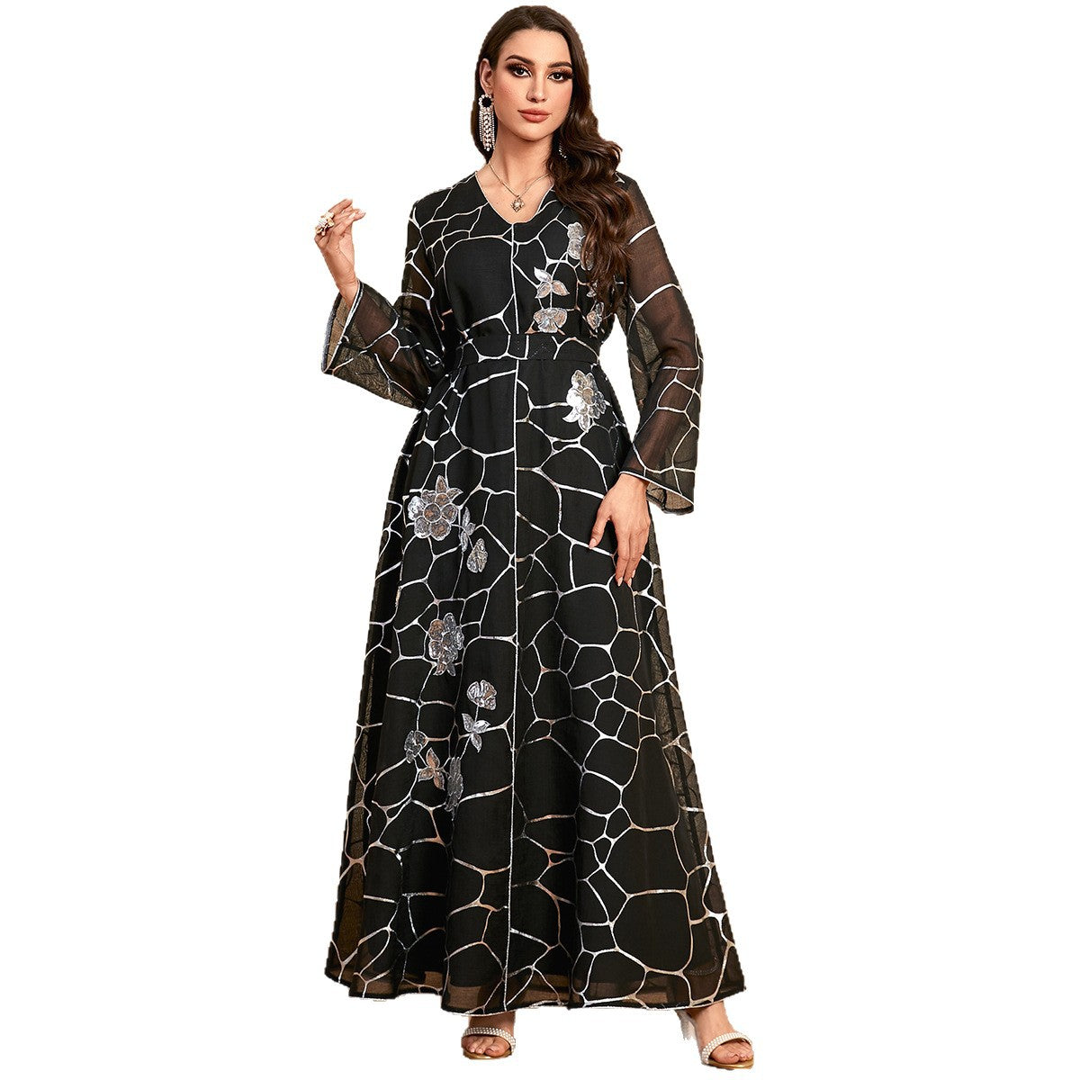Damen Langärmlige, bestickte Maxikleid Sovae