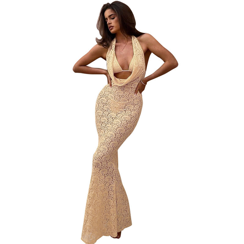 Damen Spitzen-Maxi-Kleid mit tiefem Dekolleté und fließendem Schnitt Sovae