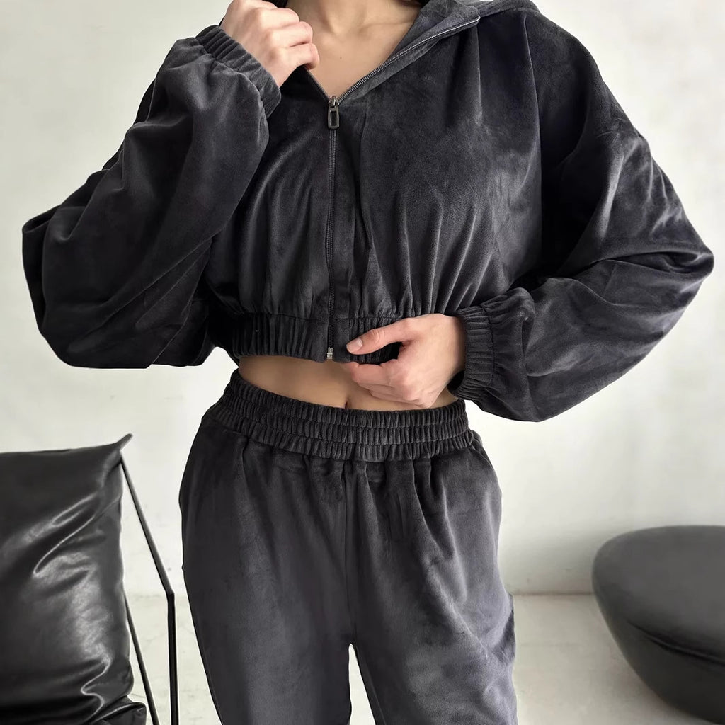 Damen sportlich-eleganter Fleece-Trainingsanzug mit hoher Taille und Reißverschluss Sovae
