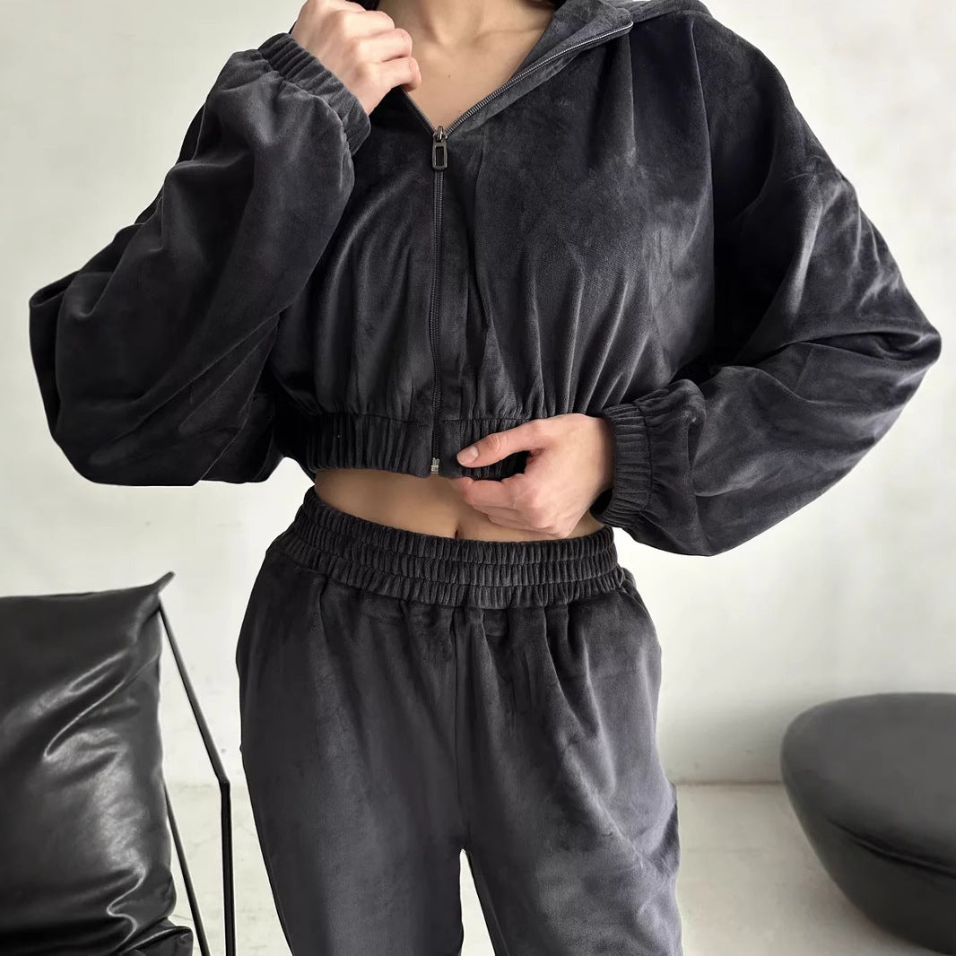 Damen sportlich-eleganter Fleece-Trainingsanzug mit hoher Taille und Reißverschluss Sovae