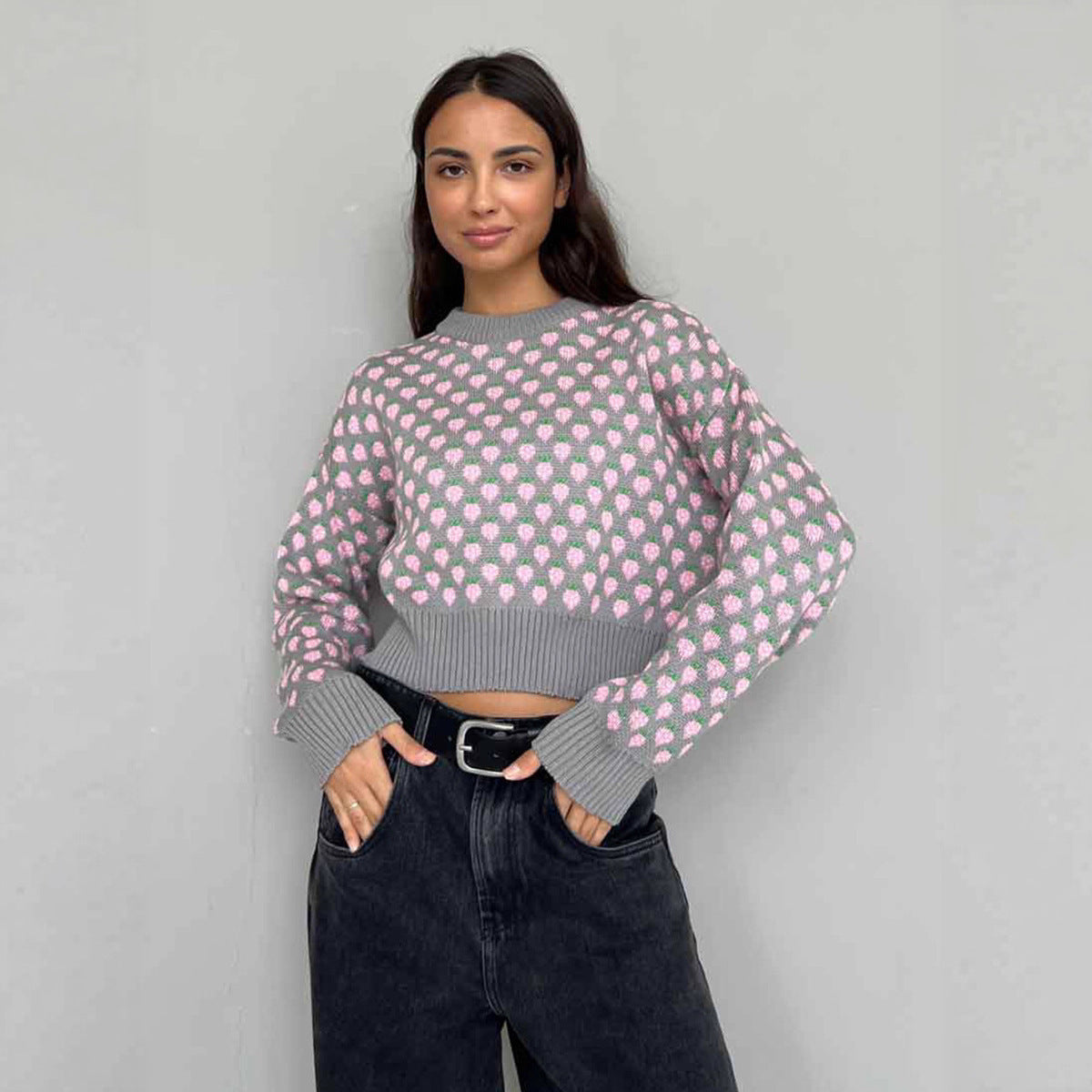 Damen Gestreifter Cropped Pullover mit floralem Muster Sovae