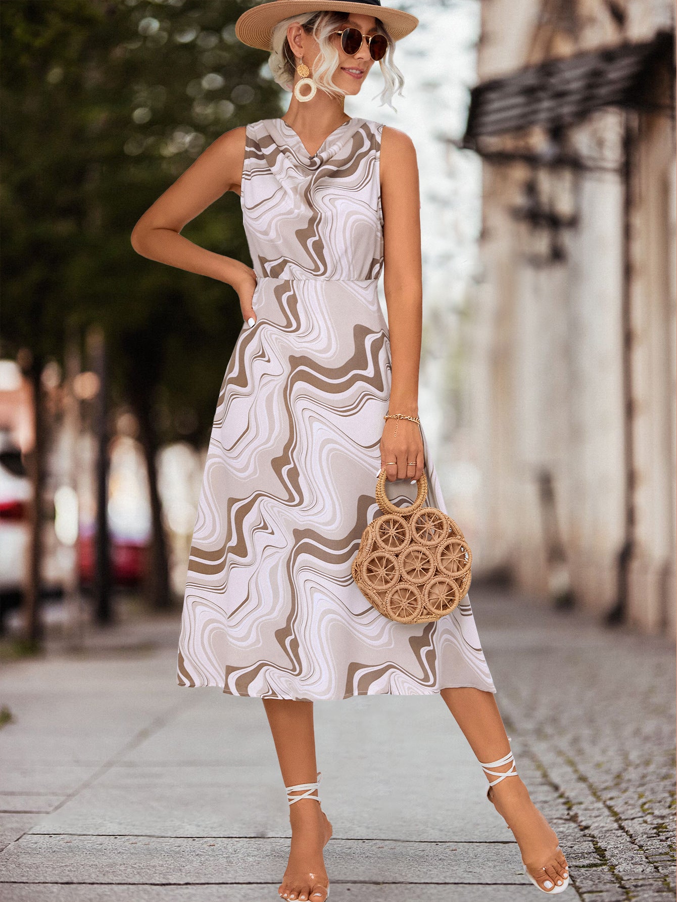 Damen luftiges Midi-Kleid mit modernem Wellenmuster und elegantem Stehkragen Sovae