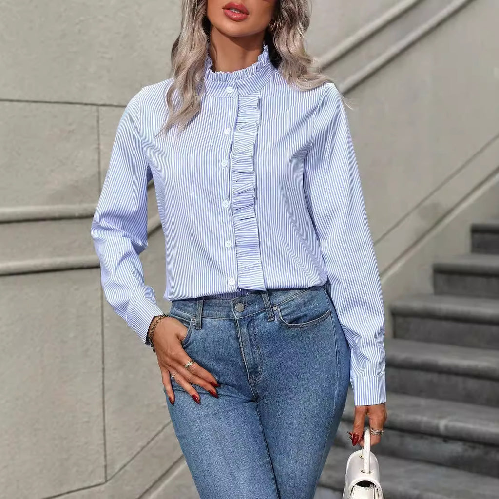 Damen Bluse mit Rüsche und Streifen Sovae