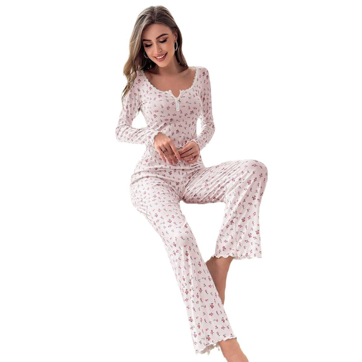 Damen Schlafanzug mit floralem Muster und feinen Rippdetails Sovae