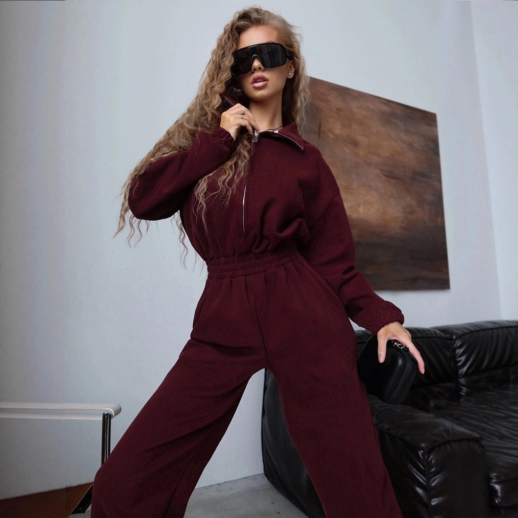 Damen Fleece-Loungewear-Overall mit hohem Kragen Sovae