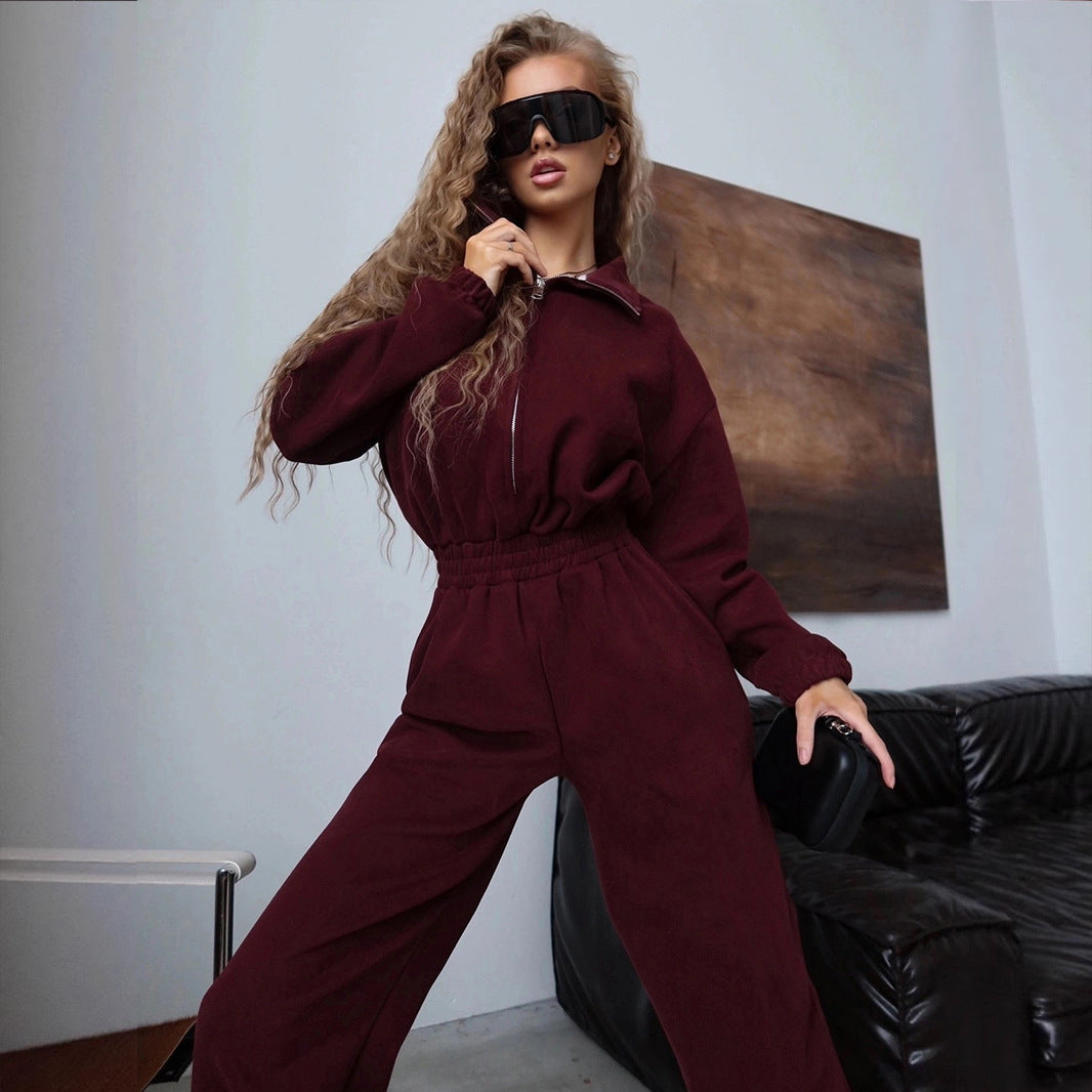 Damen Fleece-Loungewear-Overall mit hohem Kragen Sovae