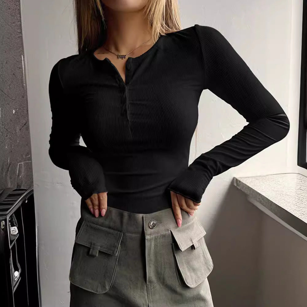 Damen schmeichelhaftes Langarm-Bodyshirt mit Knopfleiste Sovae