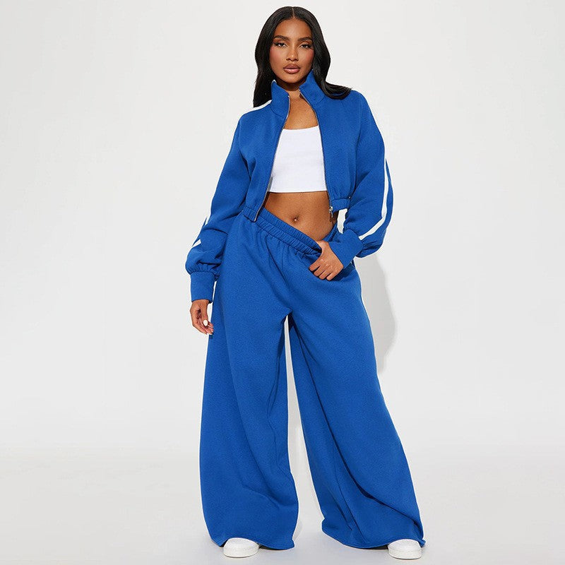 Damen lässiges Sportanzug-Set mit cropped Jacke und weiten Hosen Sovae
