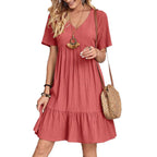 Damen Sommerliches V-Ausschnitt Kleid mit Volant Säume Sovae