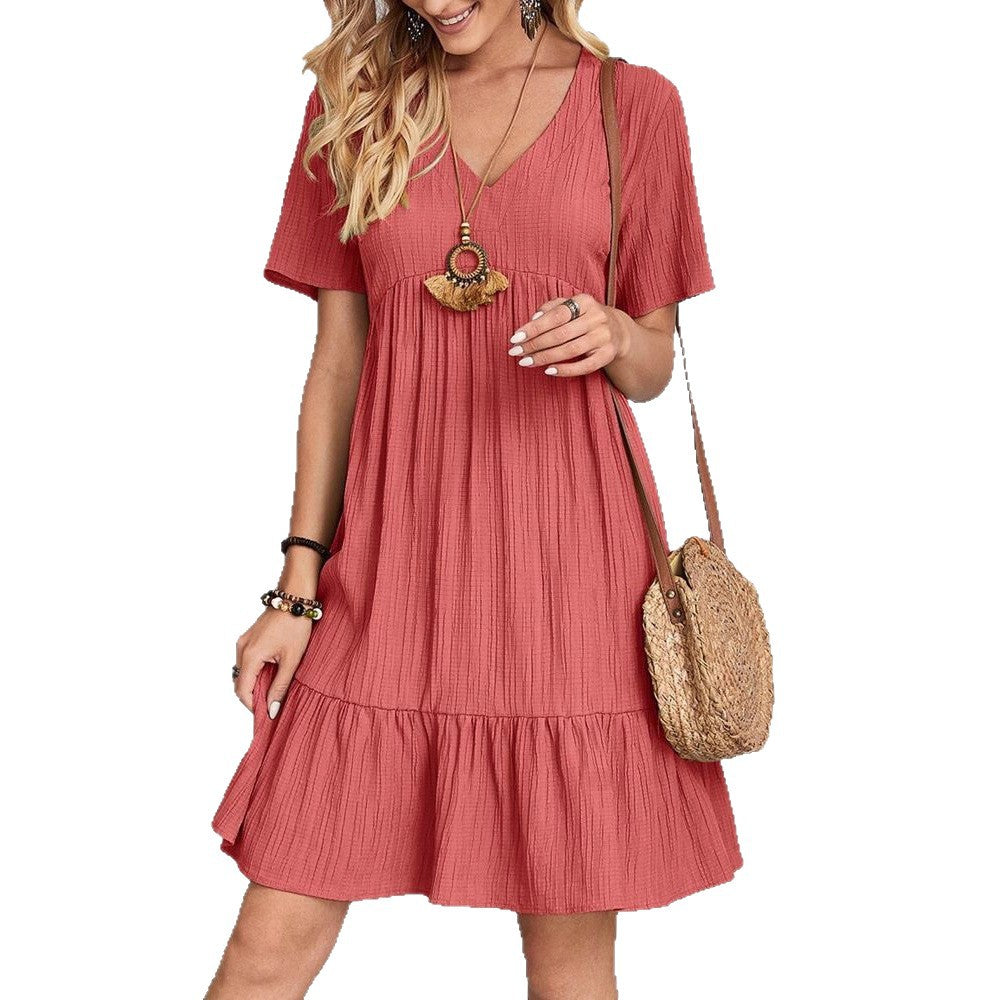 Damen Sommerliches V-Ausschnitt Kleid mit Volant Säume Sovae