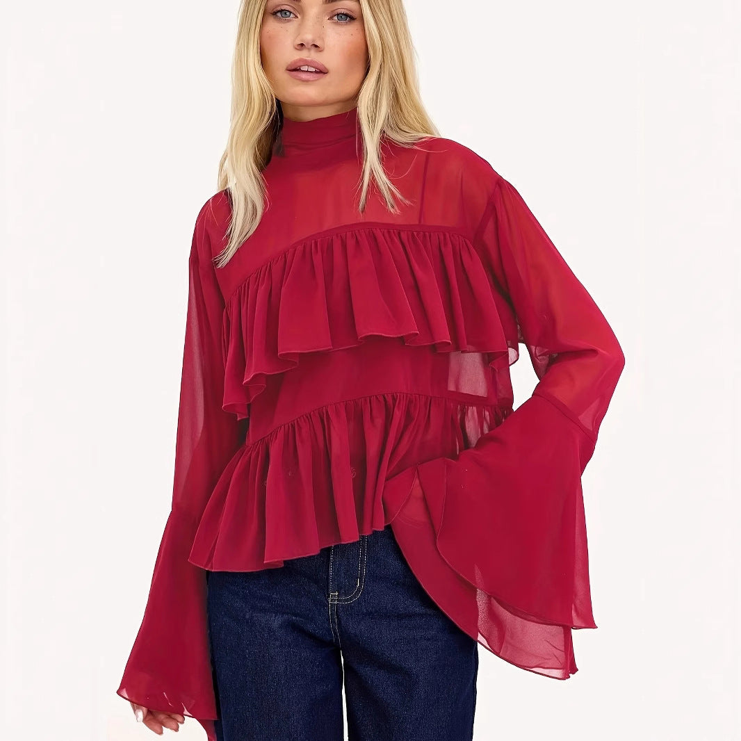 Damen Chiffon-Bluse mit Rüschen und weitem Ärmel Sovae