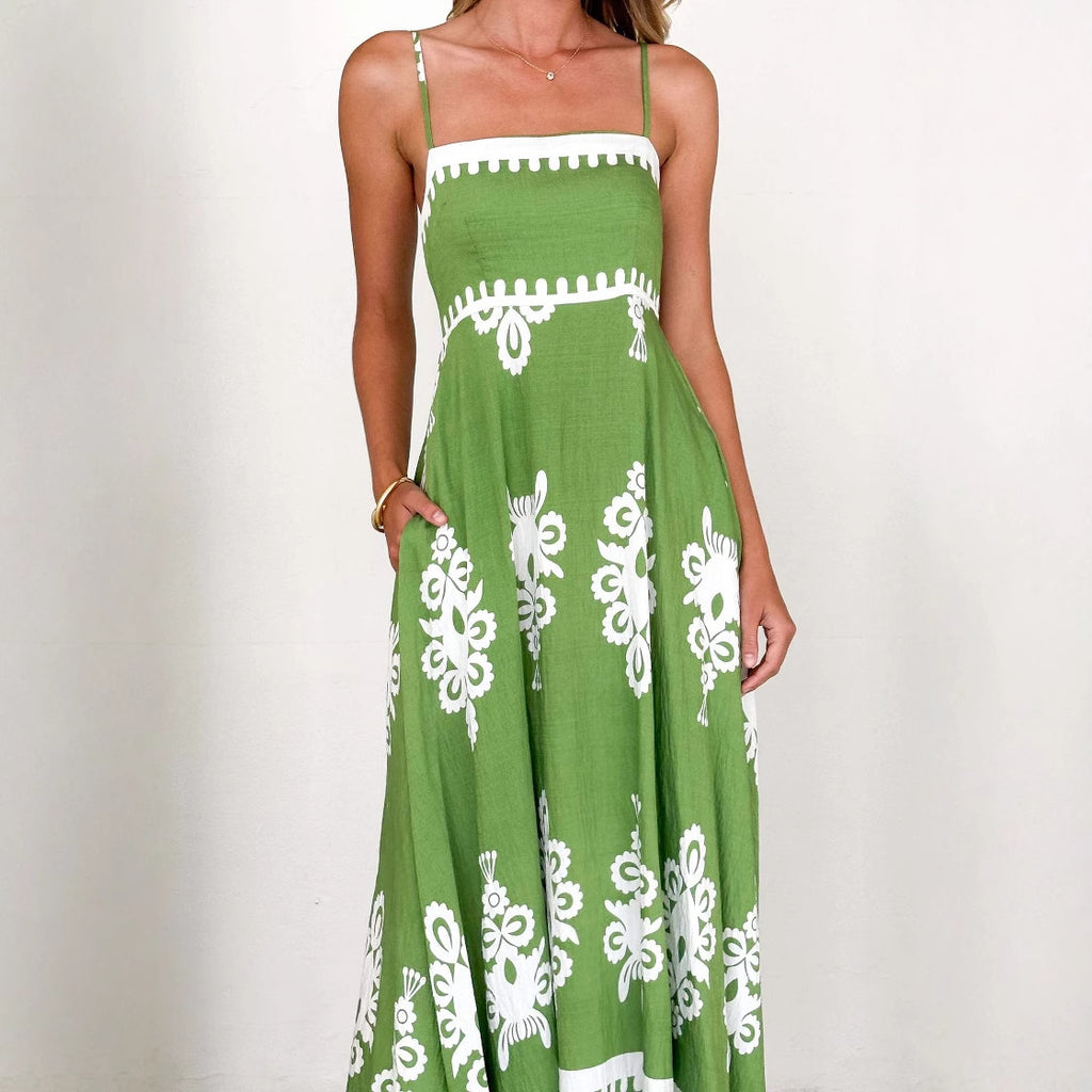 Damen Maxi-Kleid mit verzierten Trägern und elegantem Muster Sovae
