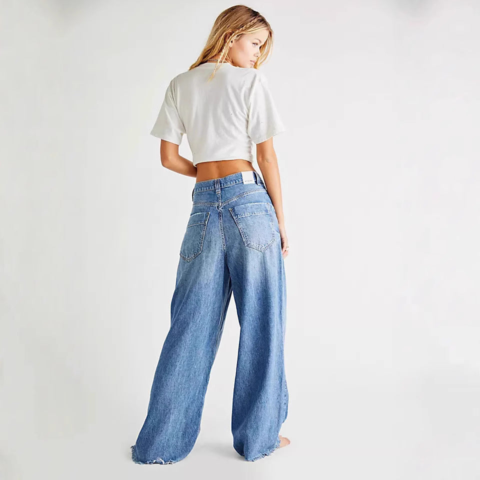 Damen Weit geschnittene Denim-Jeans mit fransigen Säumen Sovae