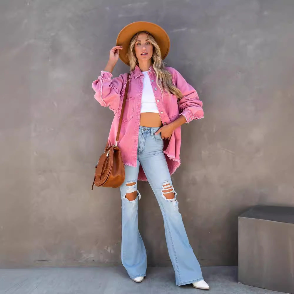 Damen übergroße Denim-Hemdenjacke mit fransigen Details Sovae