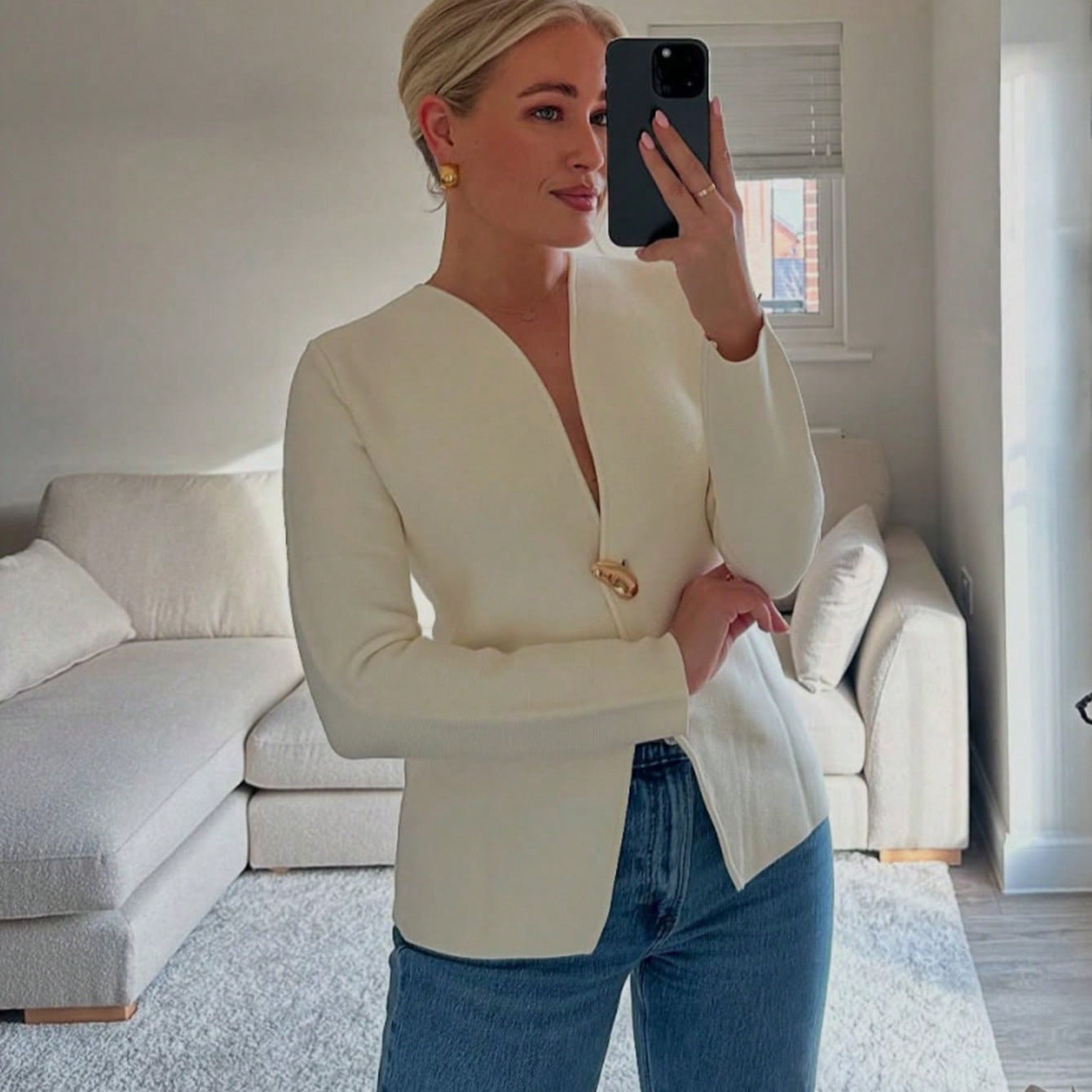 Damen elegante Blazerjacke mit asymmetrischem Schnitt und auffälligem Knopf Sovae