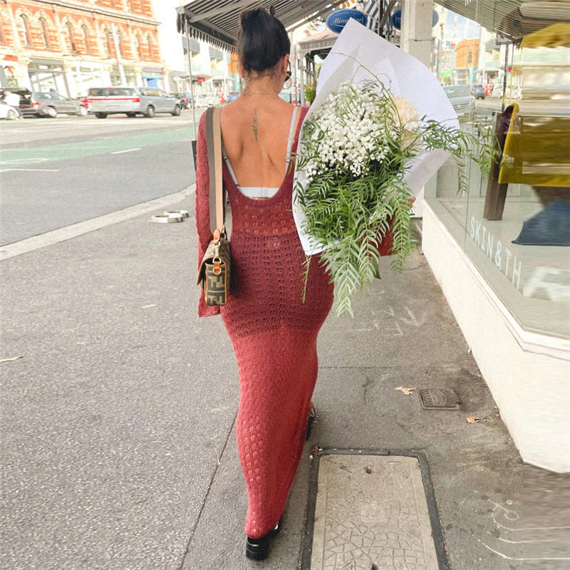 Damen Transparente Maxikleid mit strukturiertem Häkelmuster Sovae