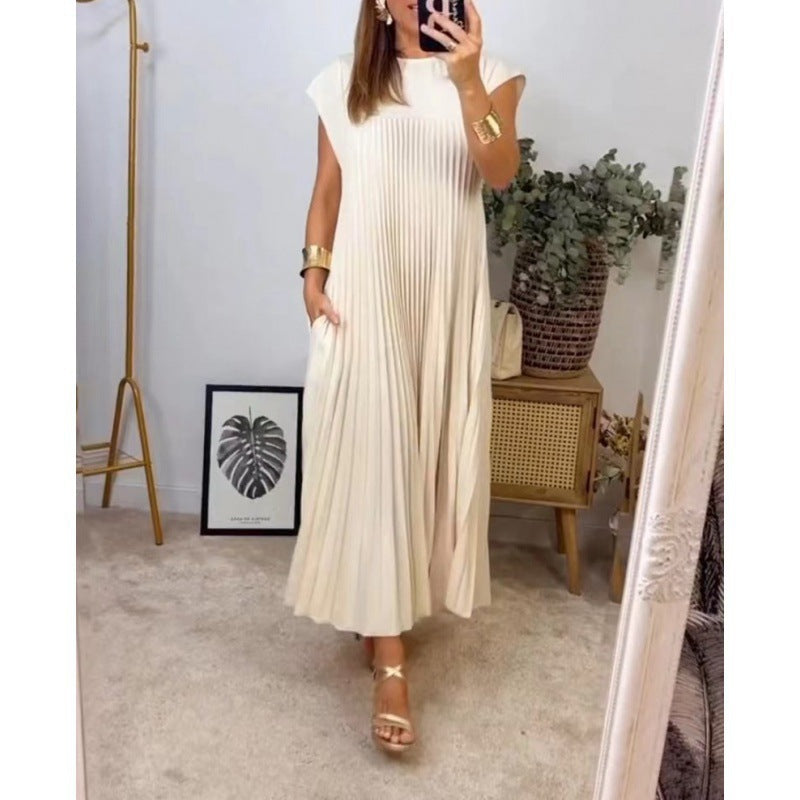 Damen Plissee Maxikleid mit praktischem Taschen und elegantem Schnitt Sovae