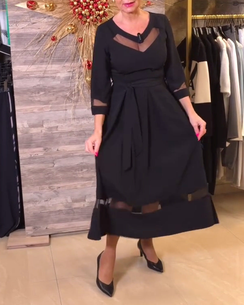 Damen Midi-Kleid mit transparenten Einsätzen und Taillengürtel Sovae