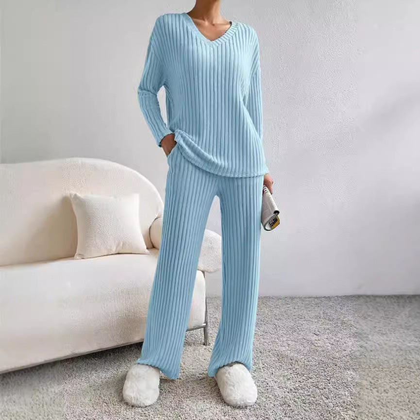 Damen lässiges Strick-Lounge-Set mit V-Ausschnitt Sovae