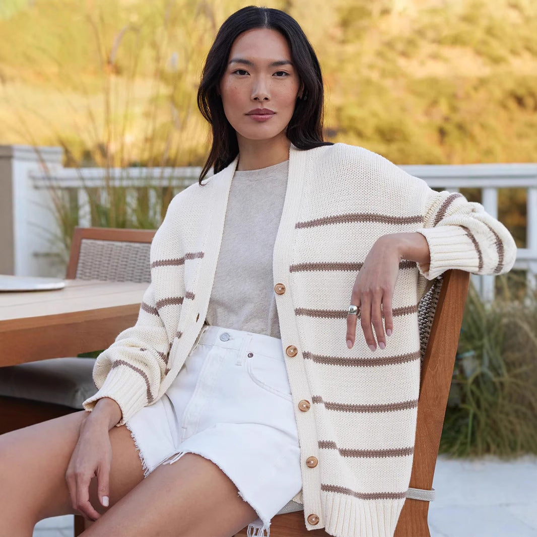 Damen Strickcardigan mit V-Ausschnitt und groben Streifen Sovae