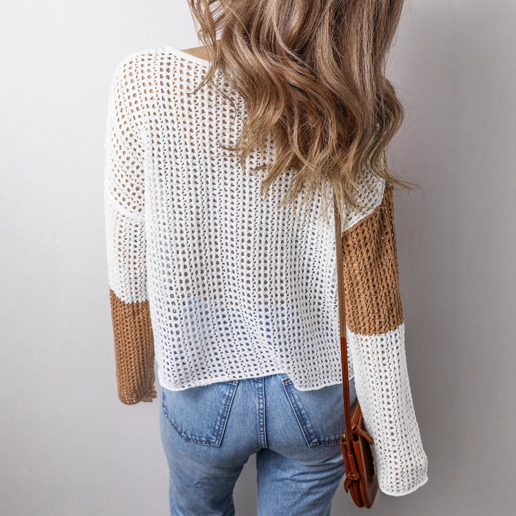 Damen luftiger Strickpullover mit modernem Netzstruktur-Design und dekorativen Kordeln Sovae