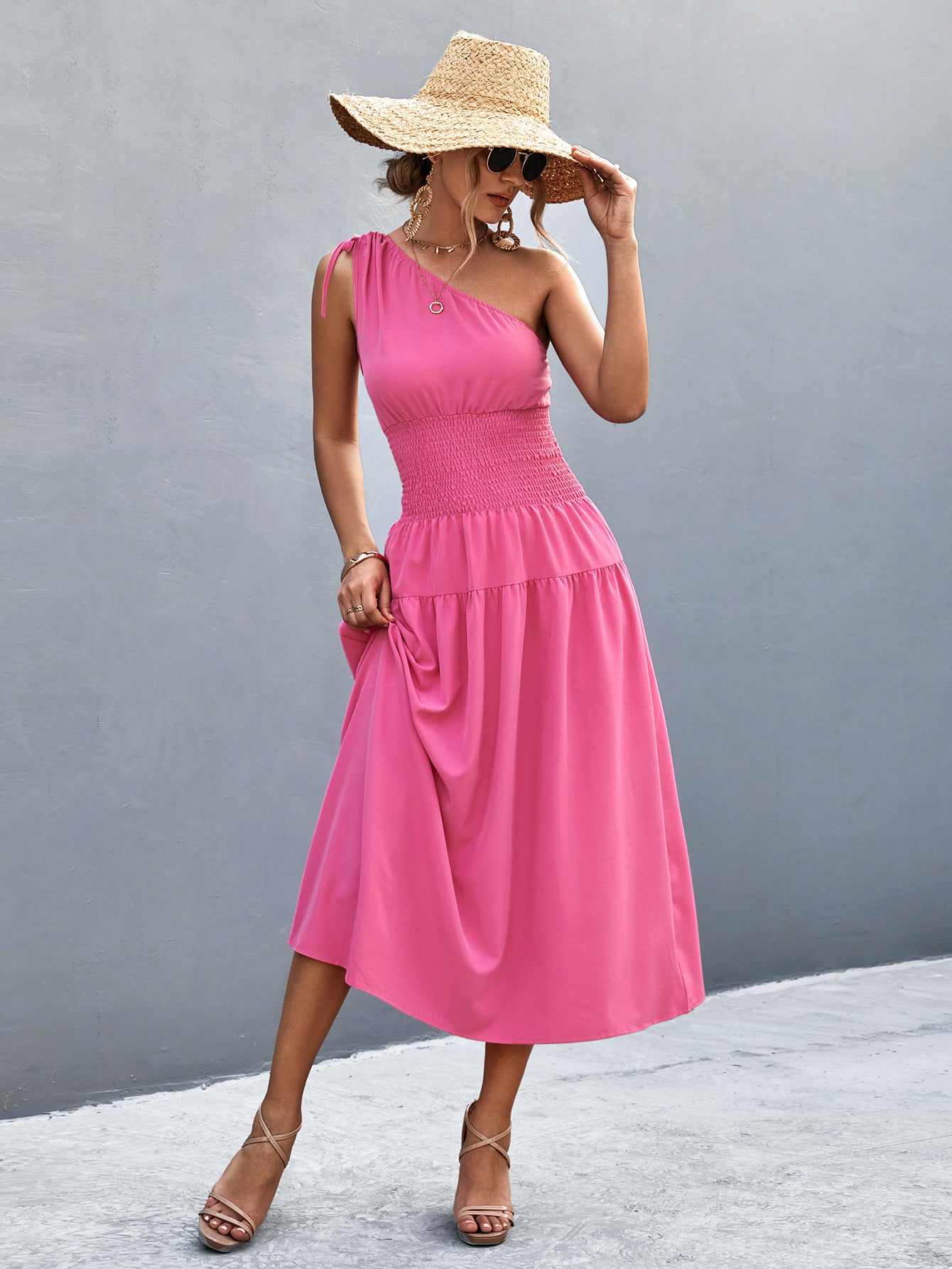 Damen Midikleid mit schnörkellosem Ein-Schulter-Design und elastischem Taillenband Sovae