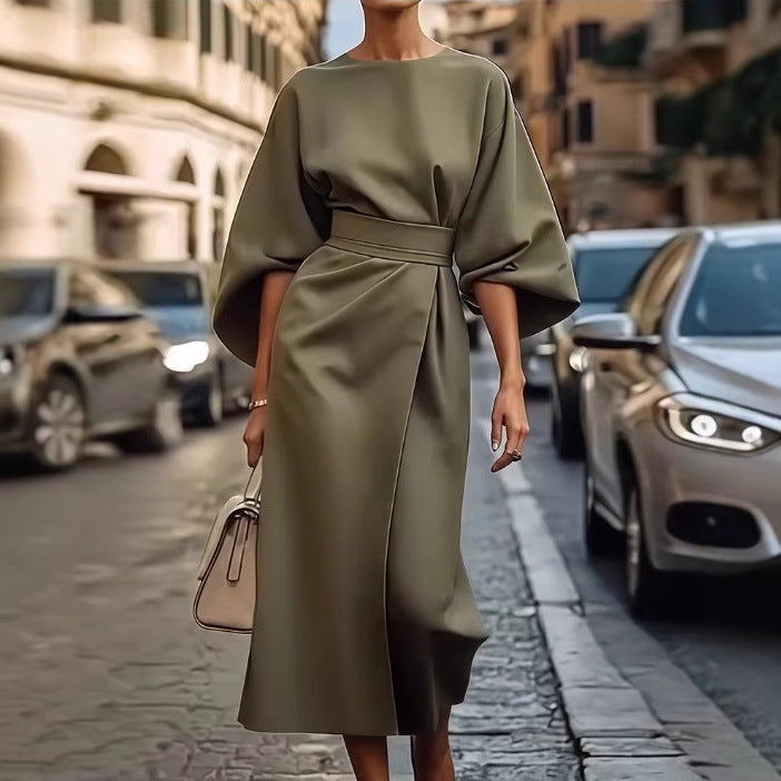 Damen Maxikleid mit eleganten Puffärmeln und Taillengürtel Sovae
