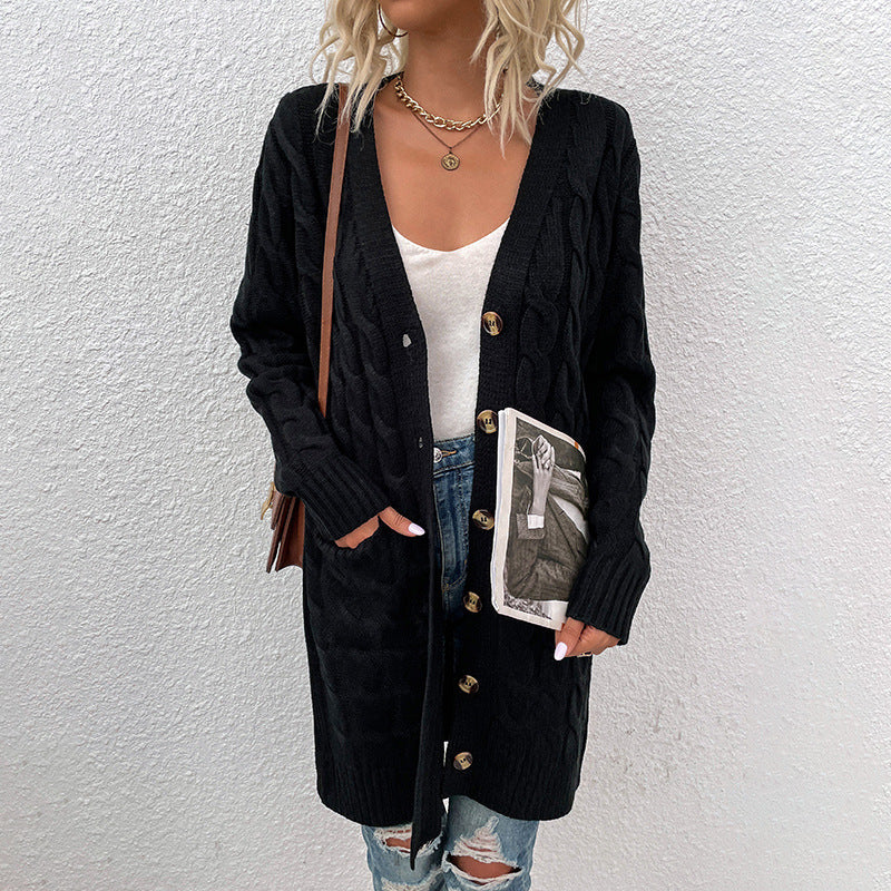 Damen Strickjacke mit tiefem V-Ausschnitt und elegantem Zopfmuster Sovae