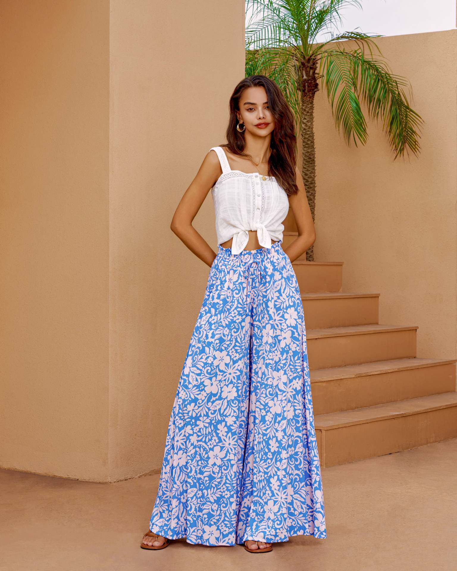 Damen weite Palazzo-Hose mit floralem Print Sovae