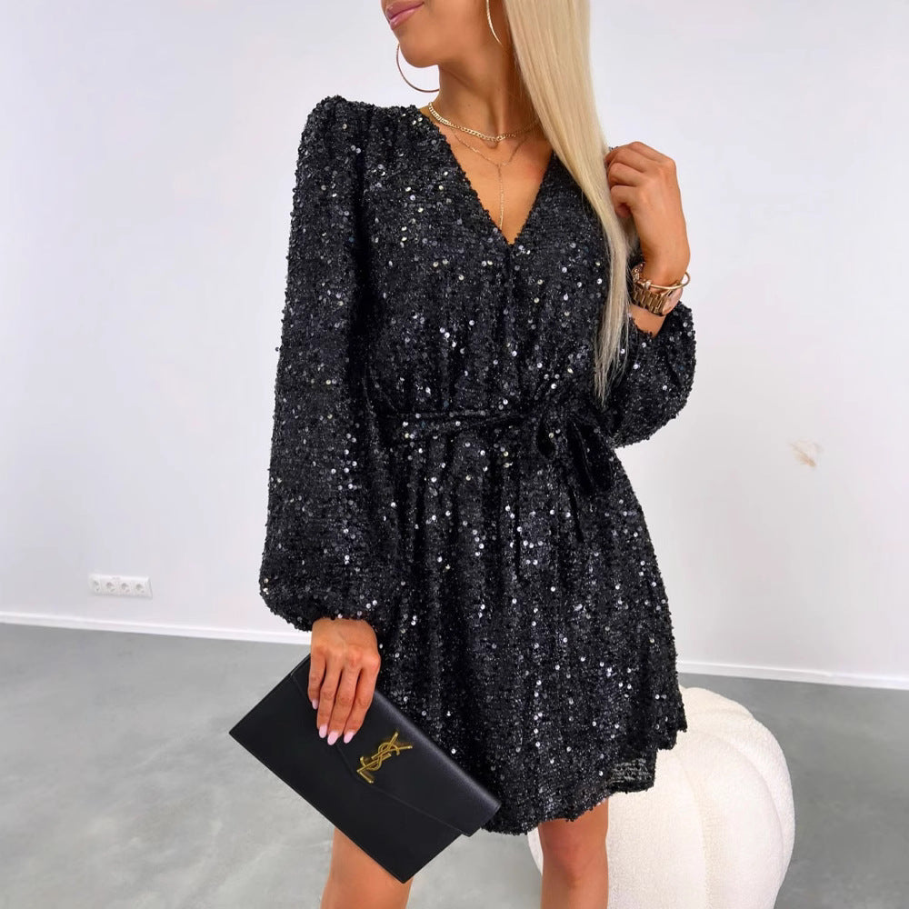 Damen Glitzerndes Minikleid mit V-Ausschnitt und Puffärmeln Sovae