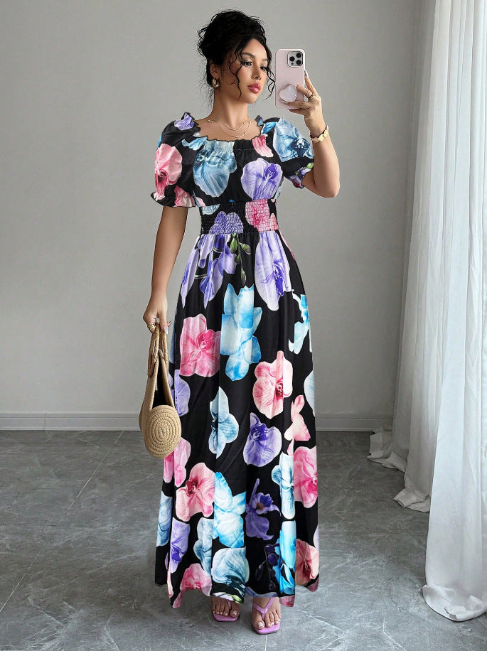 Damen Maxikleid mit floralen Akzenten und Puffärmeln Sovae