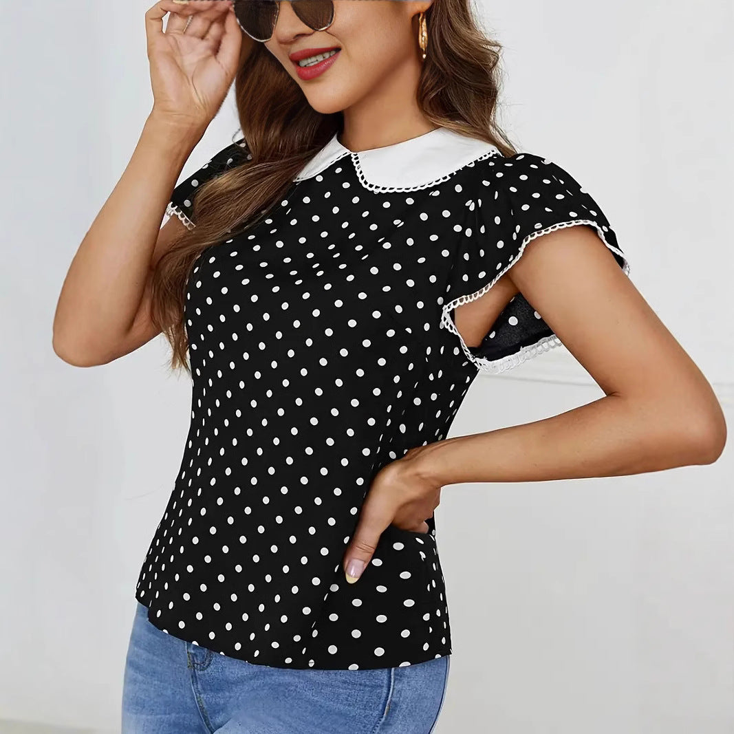 Damen Shirt mit verspielt gehäkeltem Kragen und Punktmuster Sovae