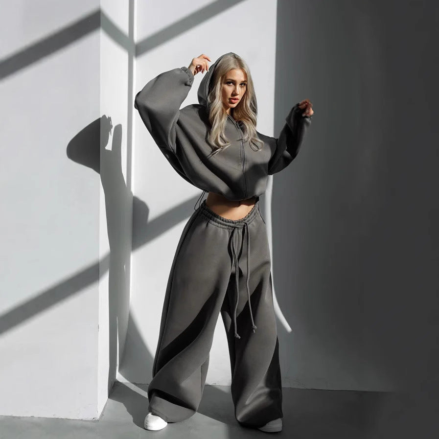 Damen modischer cropped Kapuzenpullover und entspannte Hose Set Sovae