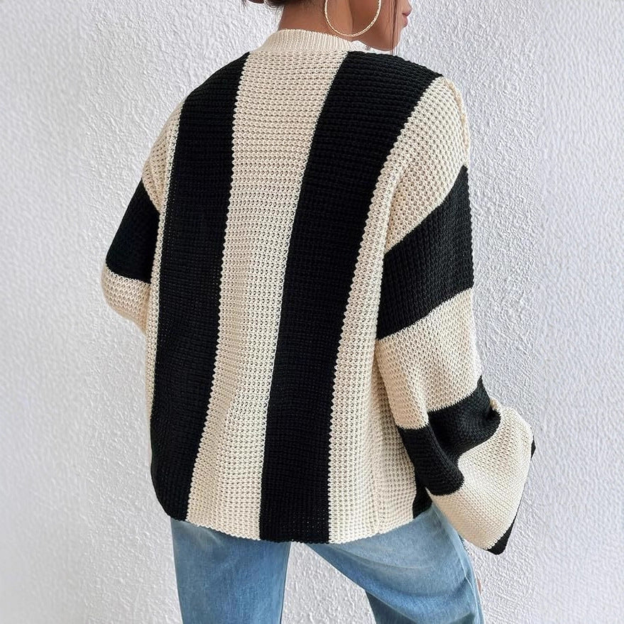 Damen stylische Strickjacke mit breiten Blockstreifen Sovae