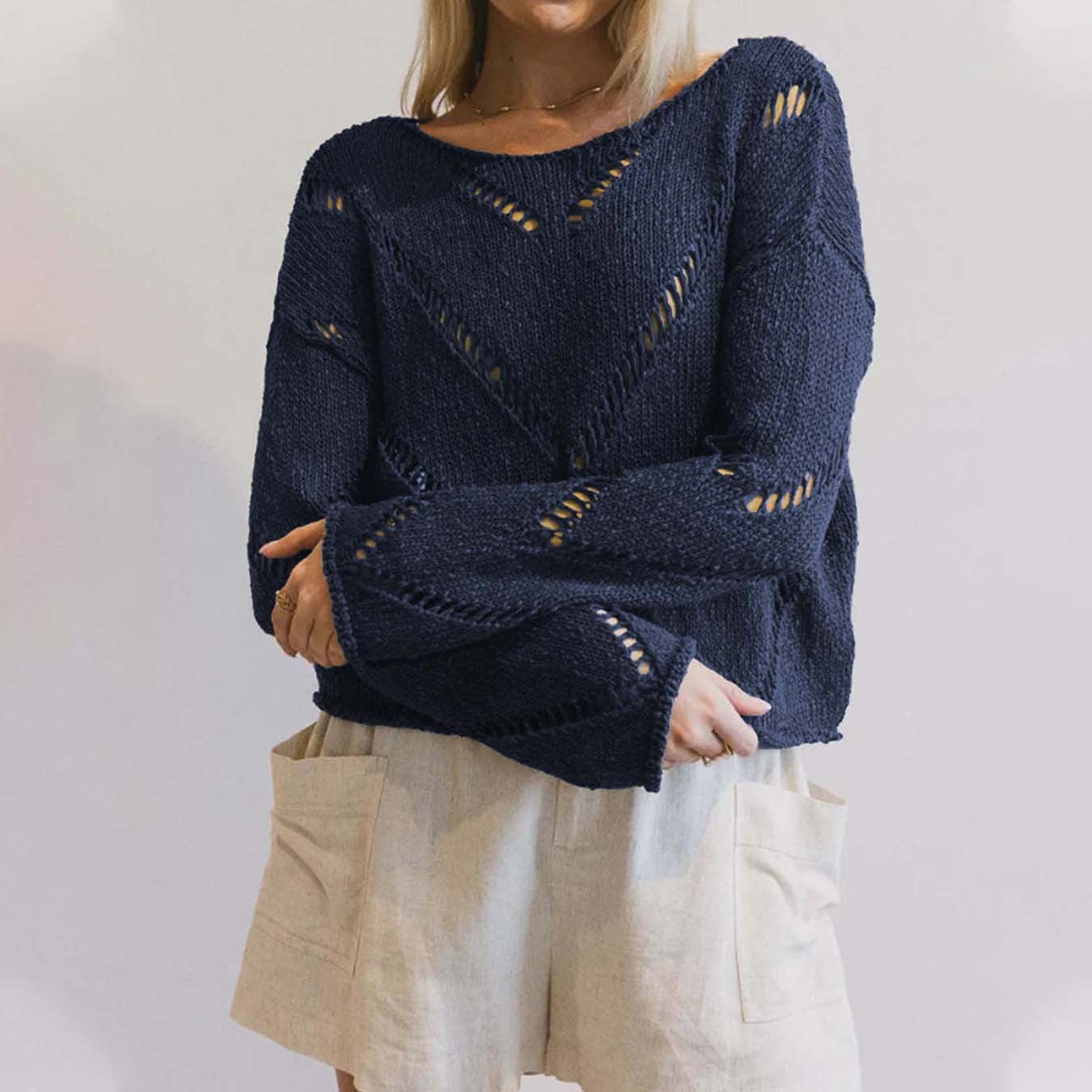 Damen lässiger Strickpullover mit luftiger Maschenstruktur Sovae